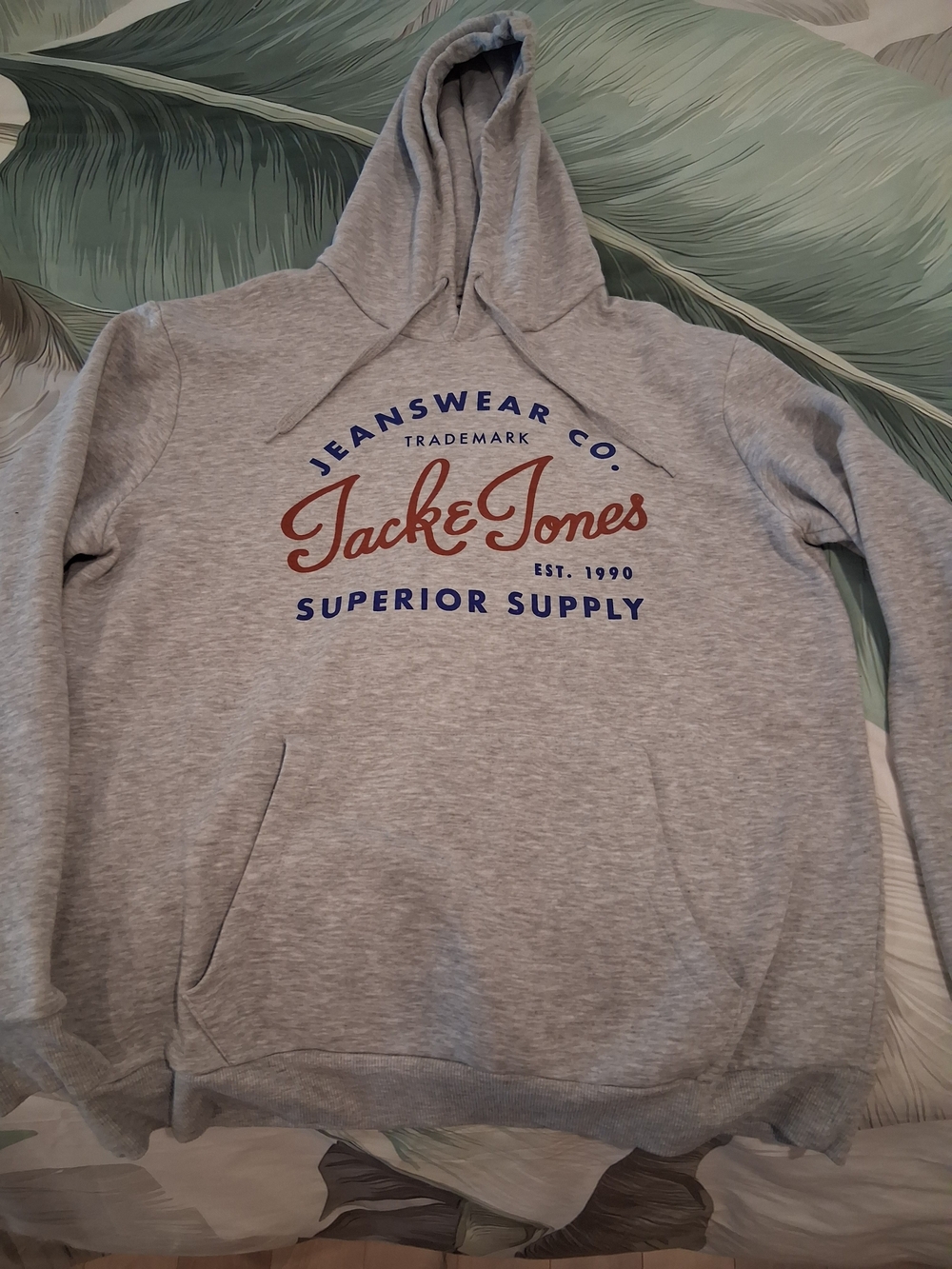 Jack & Jones Light Gray Hoodie with Red & Blue Logo